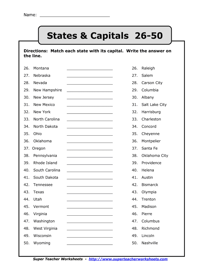 29 State And Capital Fill Online Printable Fillable Blank Worksheets Library