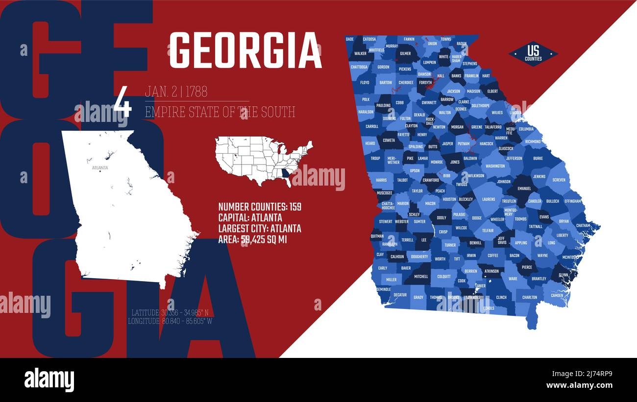 4 Of 50 States Of The United States Divided Into Counties With Territory Nicknames Detailed Vector Georgia Map With Name And Date Admitted To The Un Stock Vector Image Art Alamy 4 Of 50 States Of The United States Divided Into Counties With Territory Nicknames Detailed Vector Georgia Map With Name And Date Admitted To The Un Stock Vector Image Art Alamy