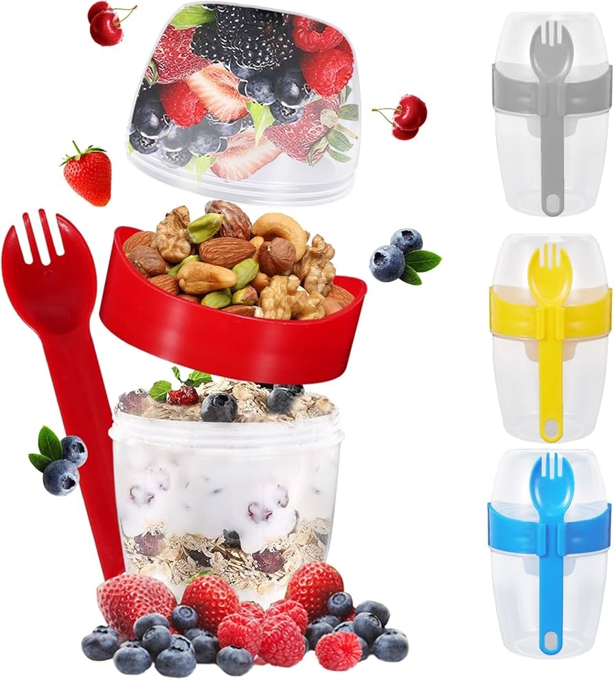 Amazon 4 PCS 29 Oz Breakfast On The Go Cups Overnight Oats Container With Lid Yogurt Parfait Cup With Topping Cereal Cup With Spoon Cereal Vegetable And Fruit Salad Reusable Plastic Storage