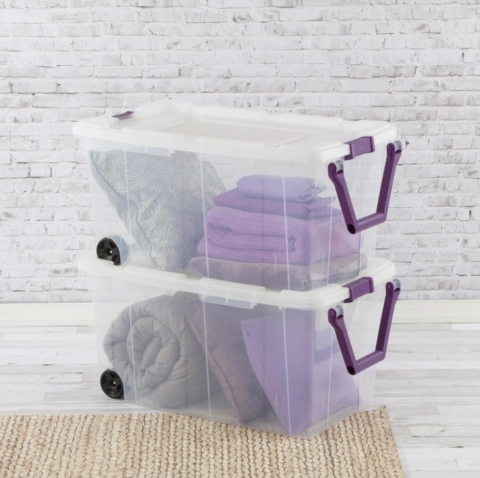 Amazon 40 Gallon 160 Qt Wheeled Storage Box Plastic Sweet Plum Set Of 2 Clear Base Purple Latches Home Kitchen