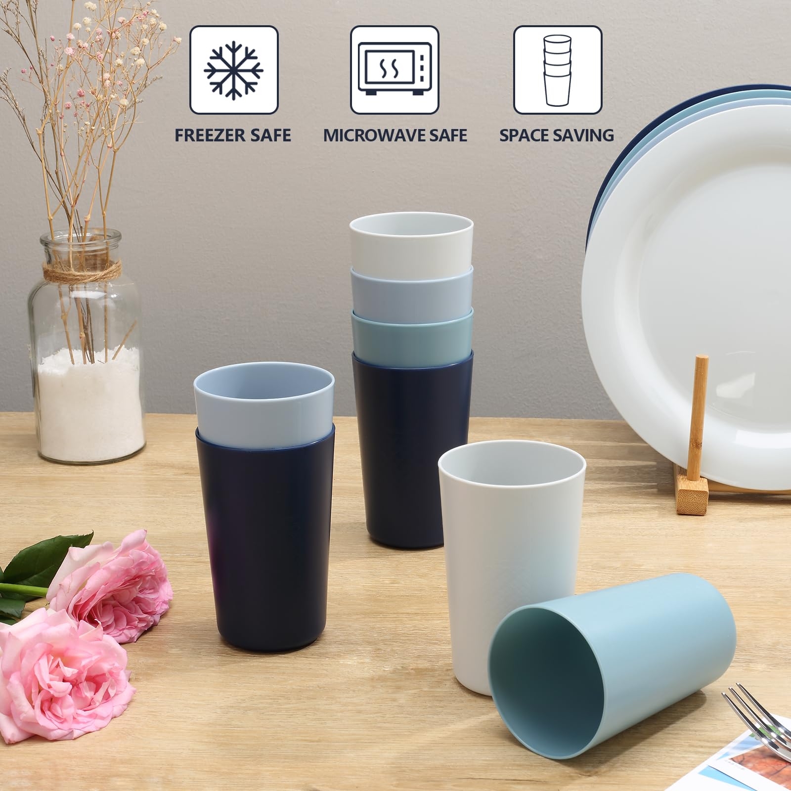 Amazon BEWOS 8 PCS 13 5 OZ Plastic Cups Set BPA Free Plastic Tumblers Cups Reusable Unbreakable Drinking Cup Lightweight Stackable Cups Cup For Kitchen Dishwasher Microwave Safe Tumblers Water Glasses