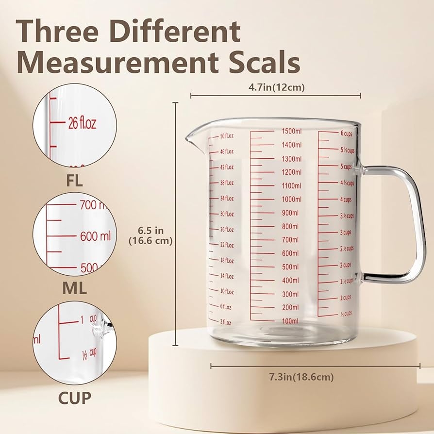 Amazon WhiteRhino Glass Measuring Cup 6Cup 1500ml 50oz Liquid Measuring Cups Measuring Cup With Handle And V Shaped Spout Glass Beaker With Three Scales OZ Cup ML Dishwasher Freezer Microwave Safe Home Kitchen