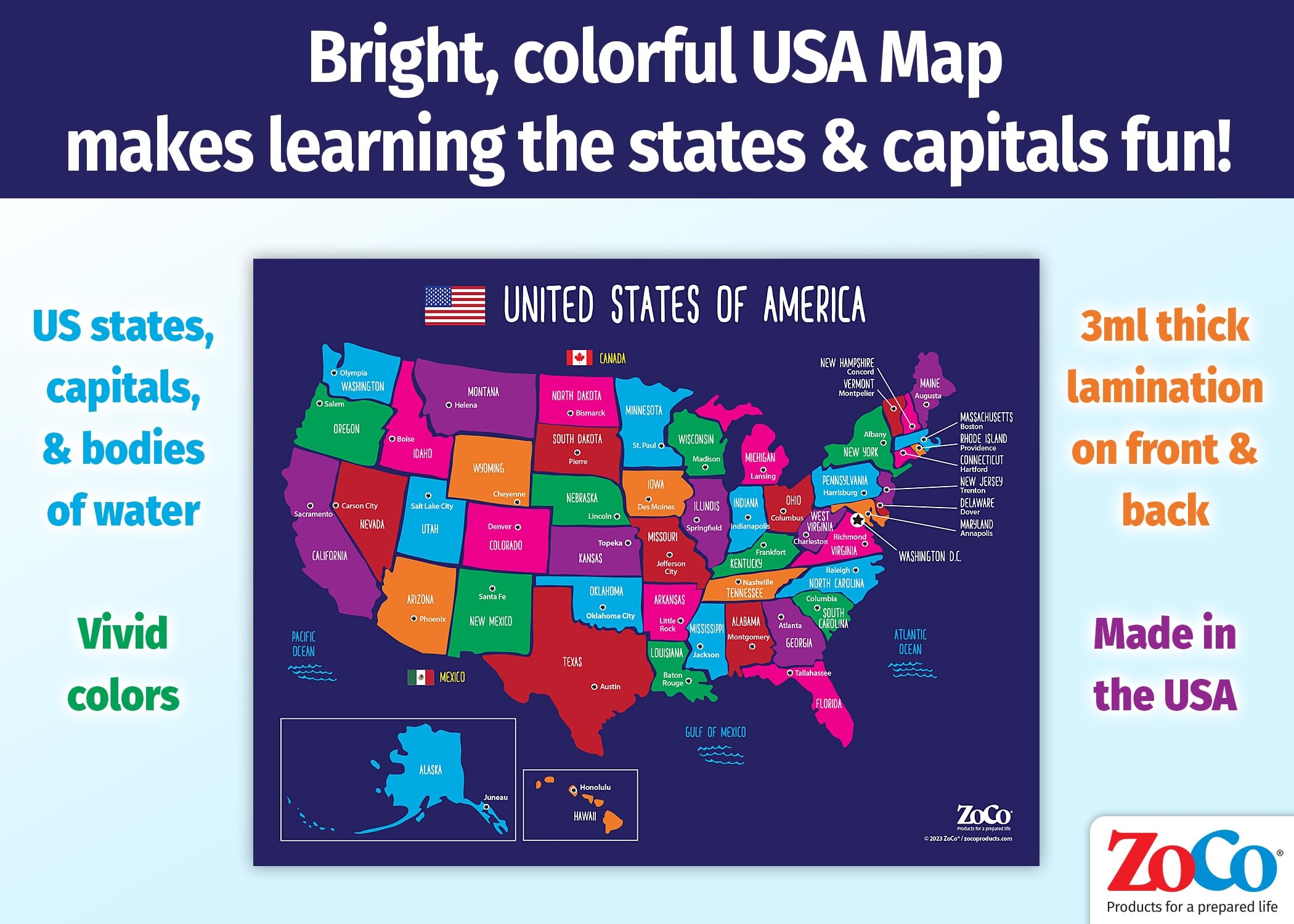 Amazon ZOCO United States Map With Capitals Poster Laminated 17x22 Educational USA Wall Chart For Kids North America Geography Social Studies Classroom Decor Office Products