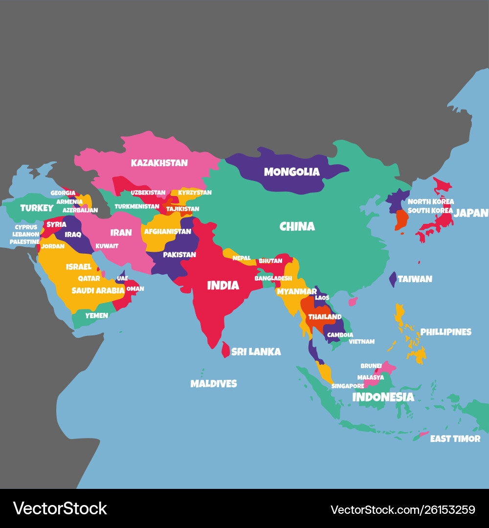 Asia Country Map With Labels Royalty Free Vector Image