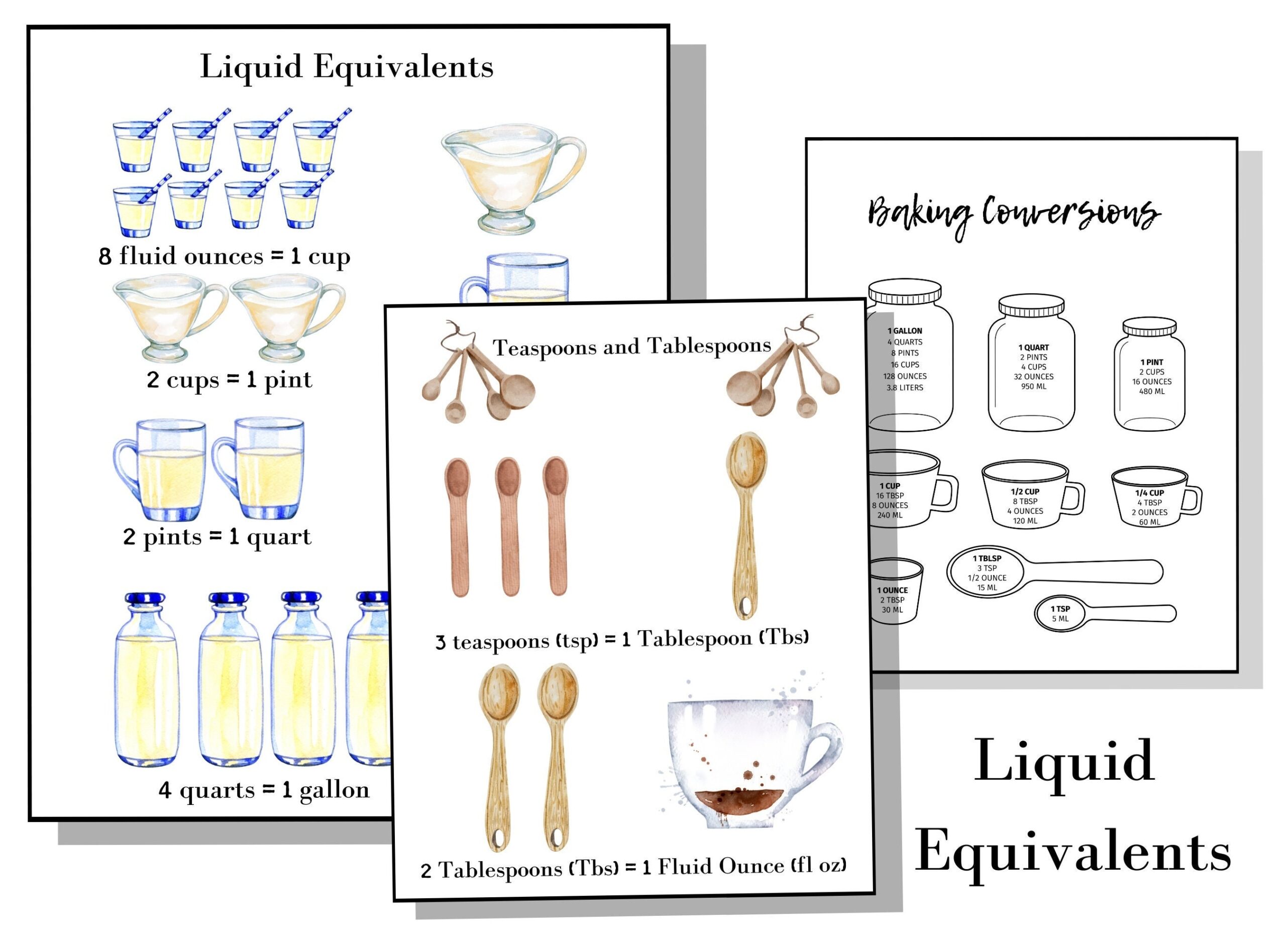 CC Liquid Equivalents Kitchen Baking Conversions Printable Teaspoons Tablespoons Fluid Oz Cup Pint Quart Galloon Baking Conversion Chart Etsy