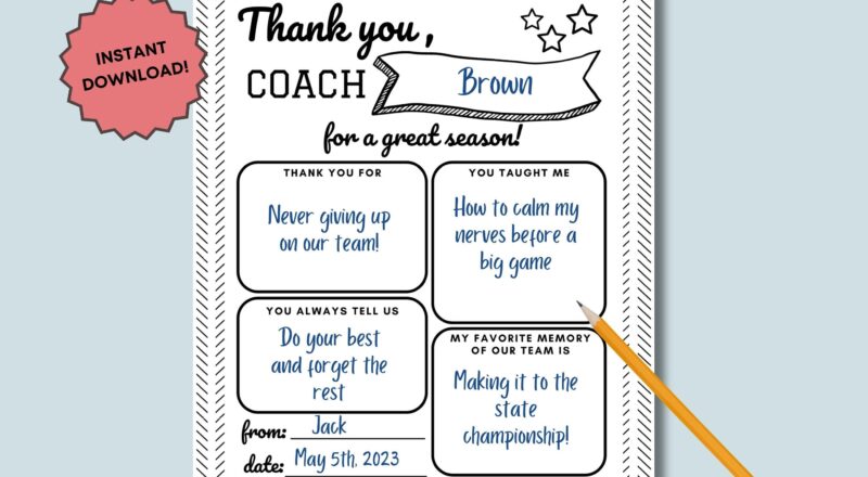 Coach Appreciation Thank You Printable Thanks Coach Note Card Instant Download Assistant Coach Easy End Of Season Sport Idea Etsy Norway