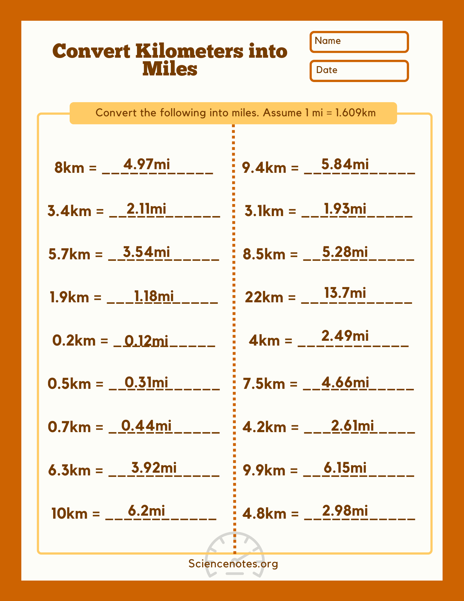 conversion chart kilometers to miles