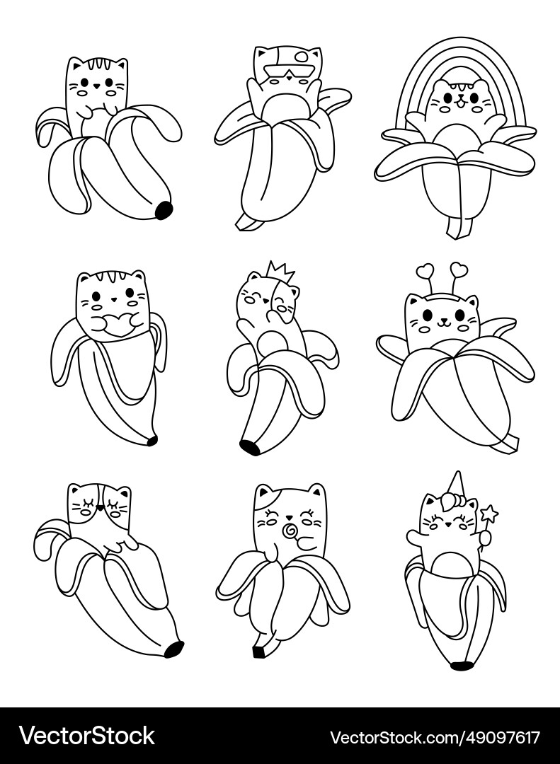 Cute Kawaii Cat In Banana Coloring Page Funny Vector Image
