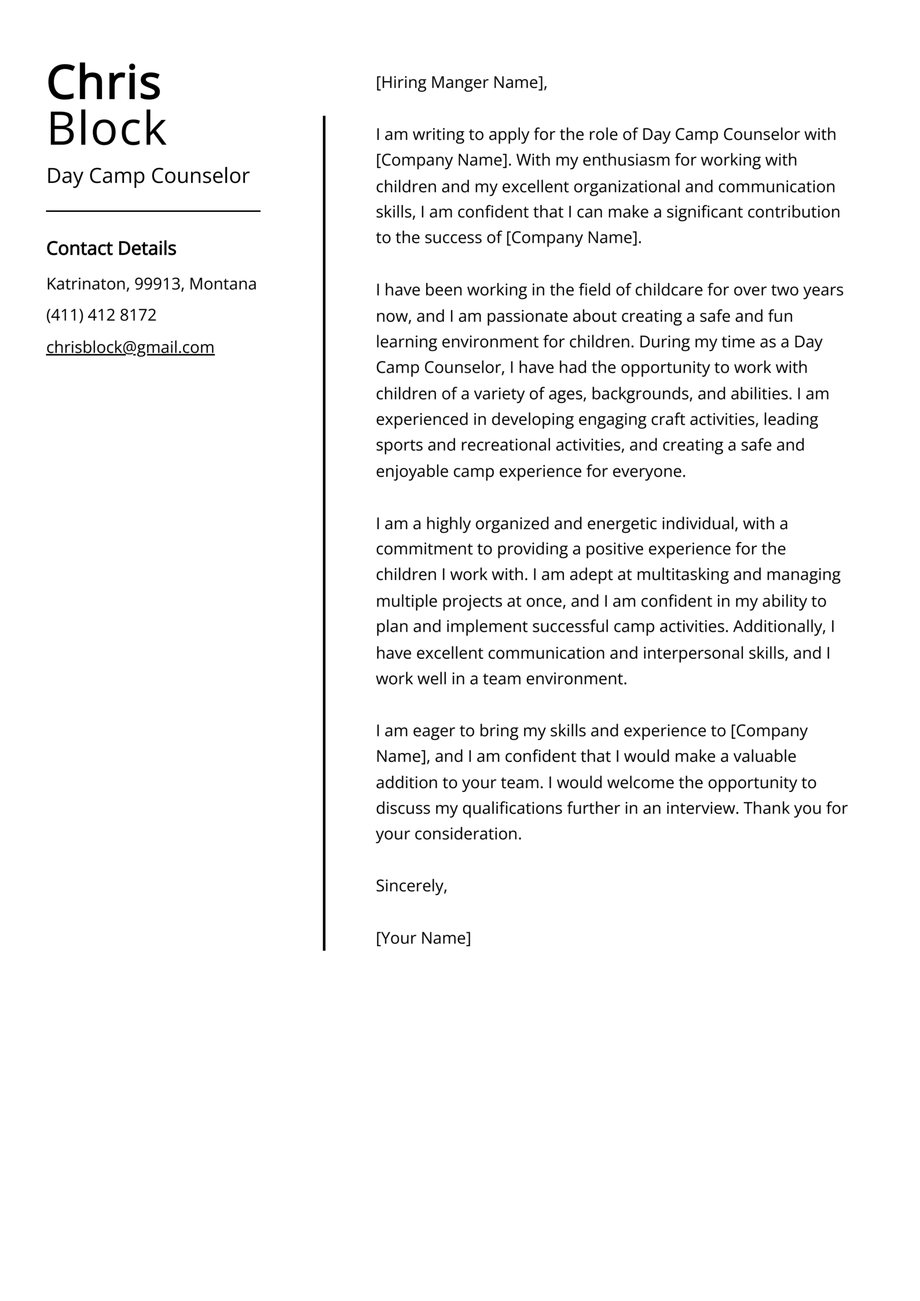 Day Camp Counselor Cover Letter Example For 2025 Skills Templates  Day Camp Counselor Cover Letter Example For 2025 Skills Templates