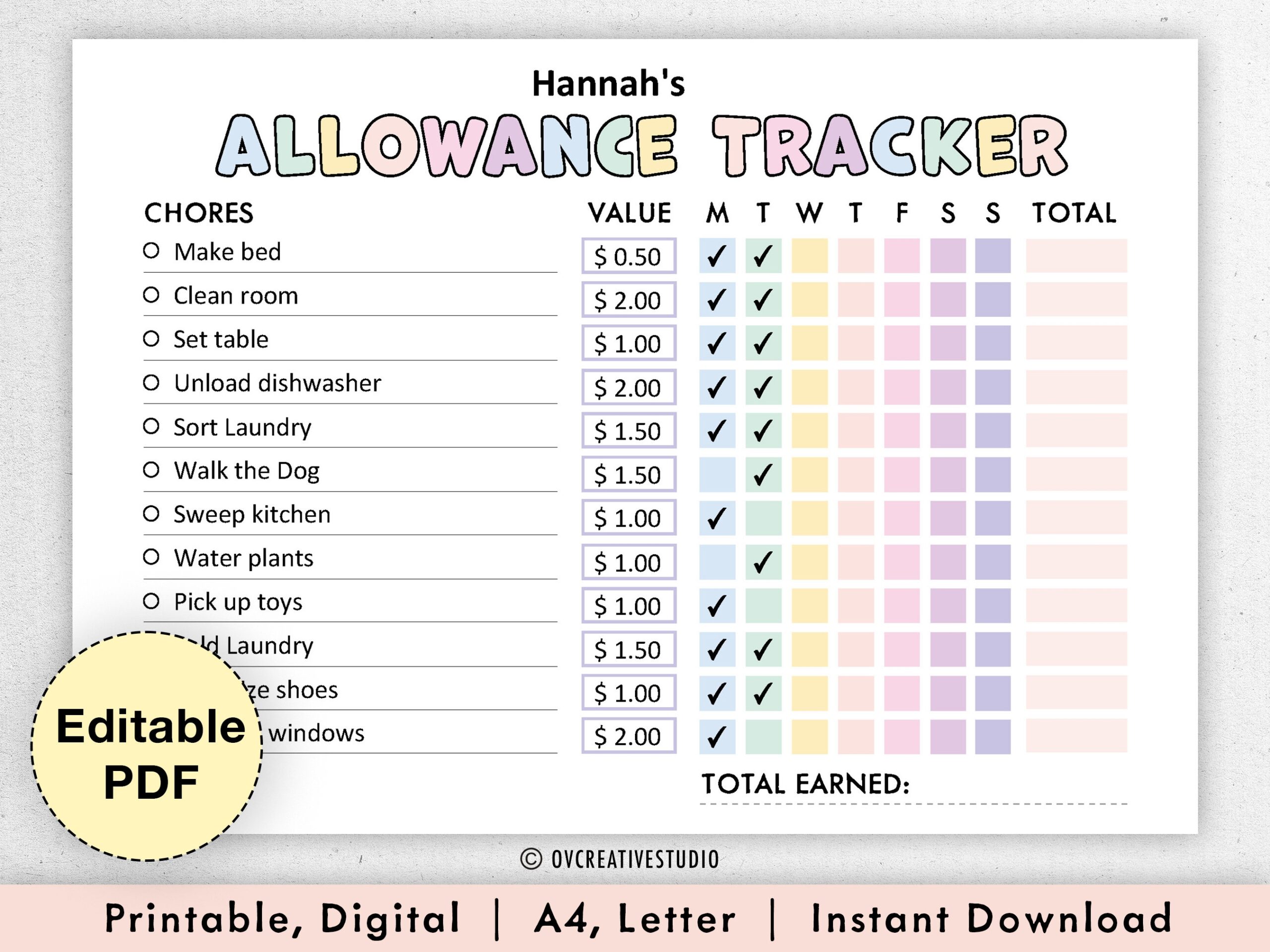 Editable Allowance Tracker Kids Earn Money Chart Daily Weekly Allowance Chore Chart Money Reward Chart Allowance Chart PDF Etsy New Zealand