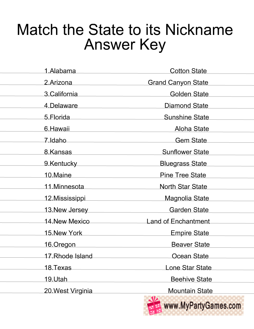 Free Printable Match The State To Its Nickname Game For 4th Of July