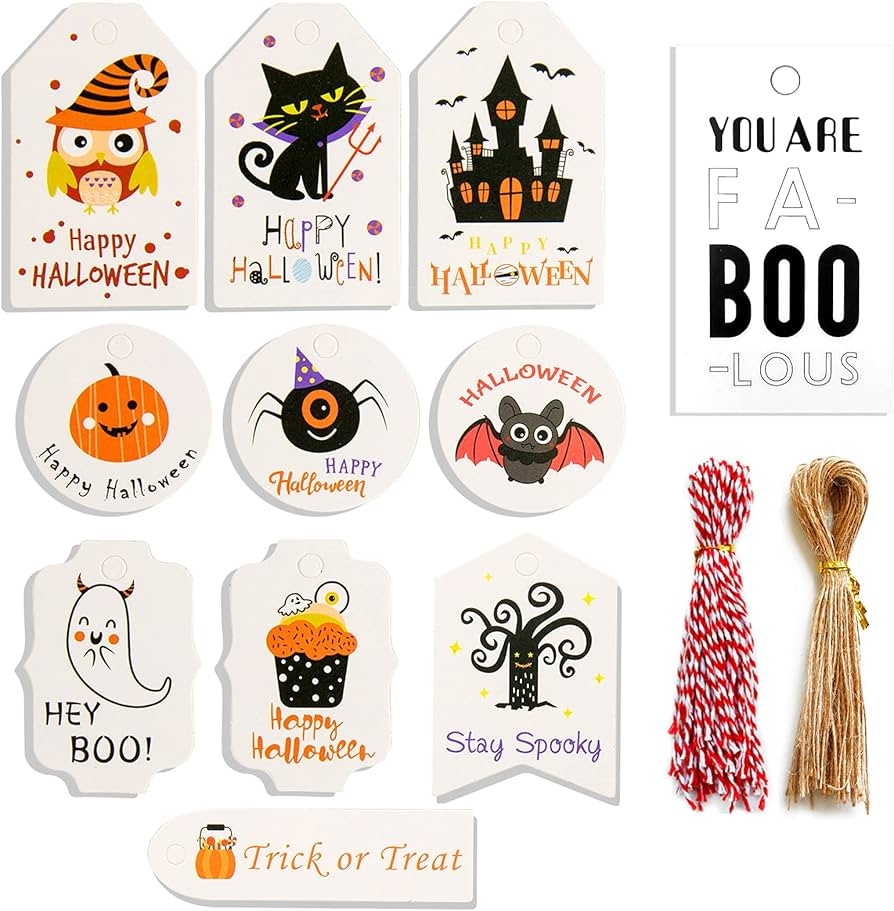 Happy Halloween Tags With String Kids Gift Trick Or Treat Spooky Goodie Candy Boo Bag Party Favor Kraft Paper Mason Jar Label Hanging Card Home Decor Supply White Art Craft Set 60pcs  Happy Halloween Tags With String Kids Gift Trick Or Treat Spooky Goodie Candy Boo Bag Party Favor Kraft Paper Mason Jar Label Hanging Card Home Decor Supply White Art Craft Set 60pcs