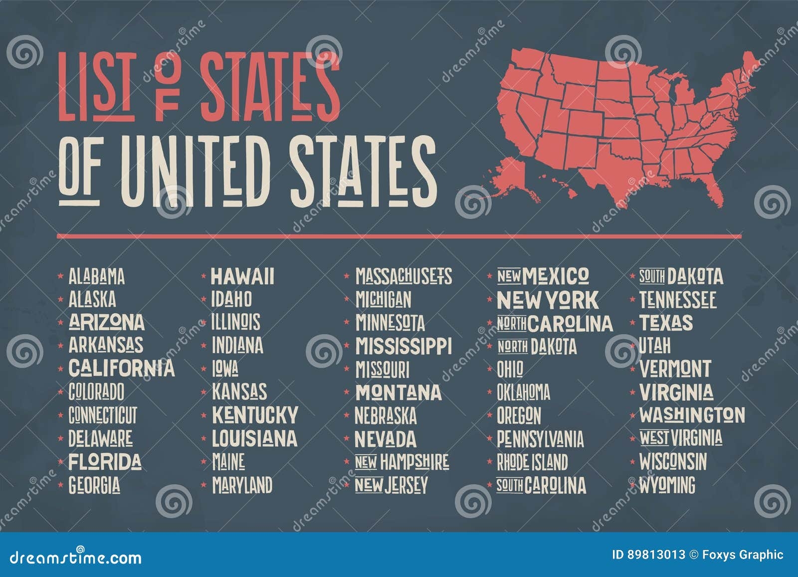 List Of States Of United States Of America Stock Vector Illustration Of Lettering Symbol 89813013