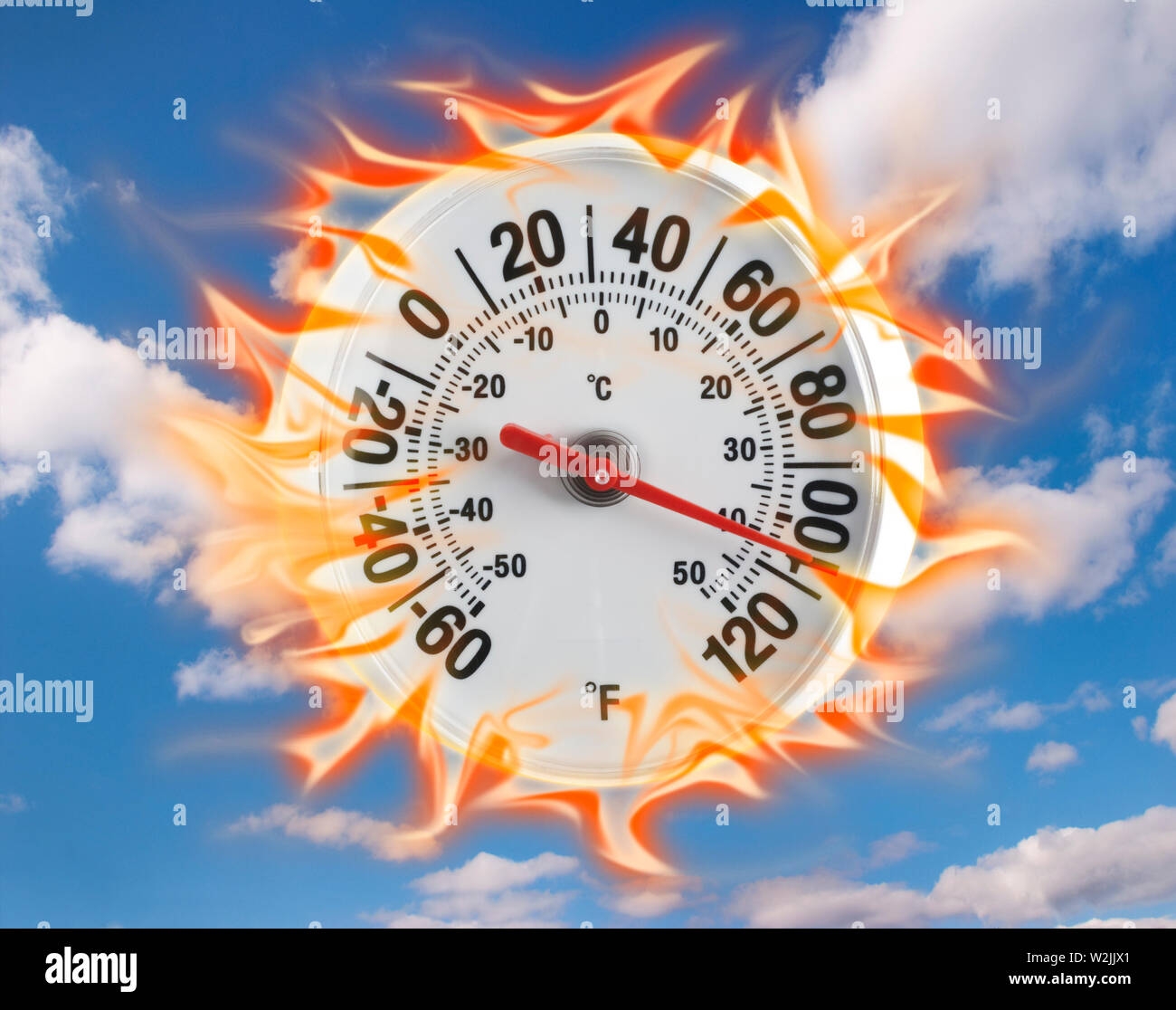 Outdoor Thermometer Indicating 107 Degrees Fahrenheit Or 40 Celsius With Dial On Fire Stock Photo Alamy