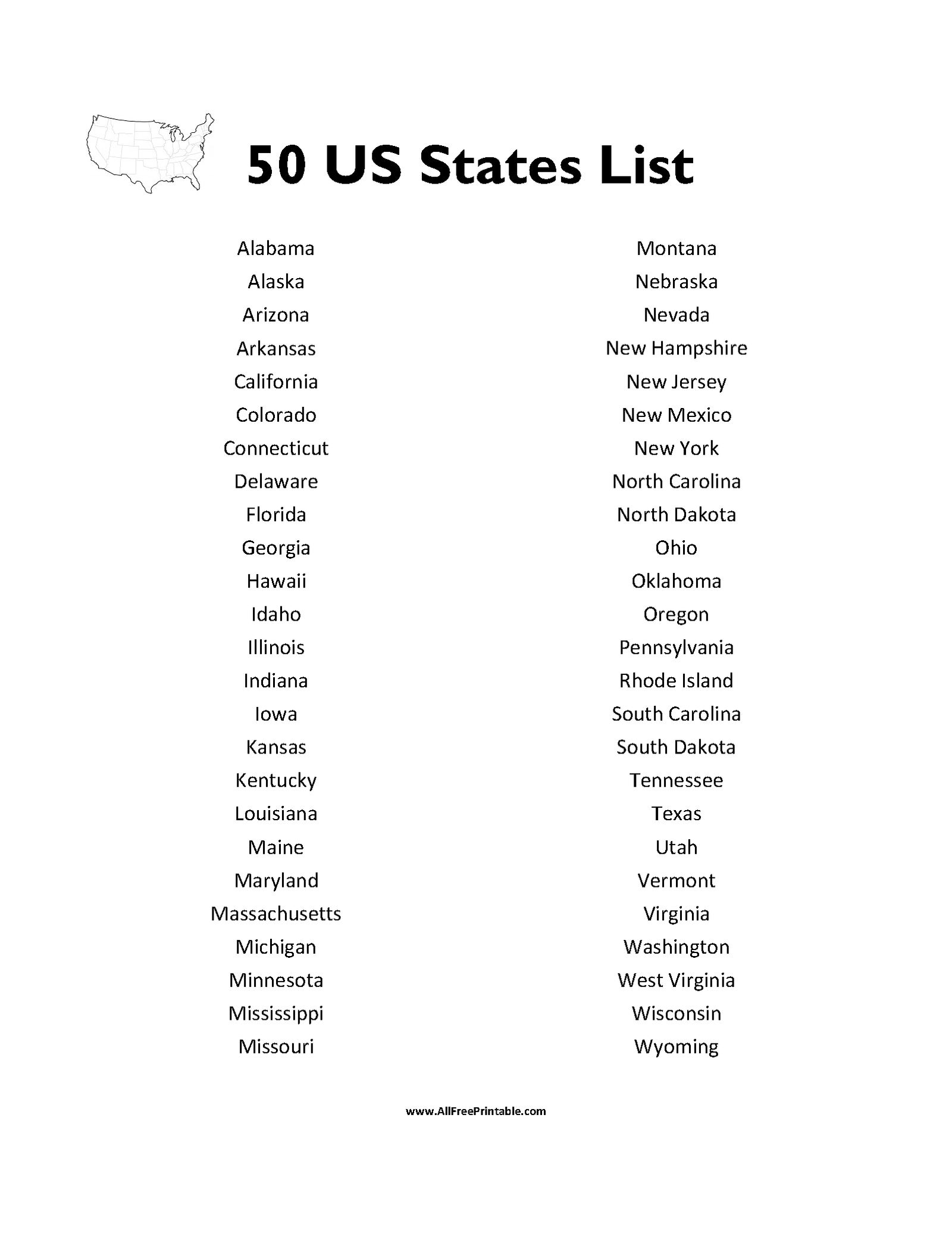 Print 50 States List Free Printable Print 50 States List Free Printable
