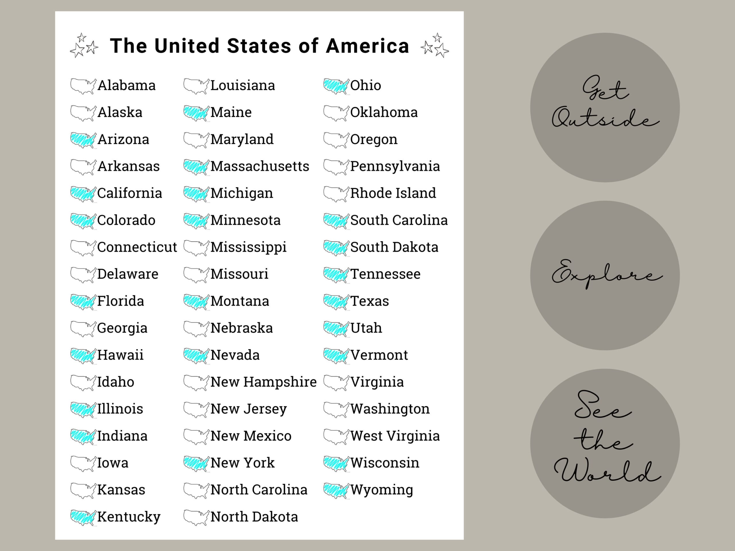 Printable 50 States Checklist Bucket List 50 States Challenge 50 United States Travel Checklist US States Checklist Etsy