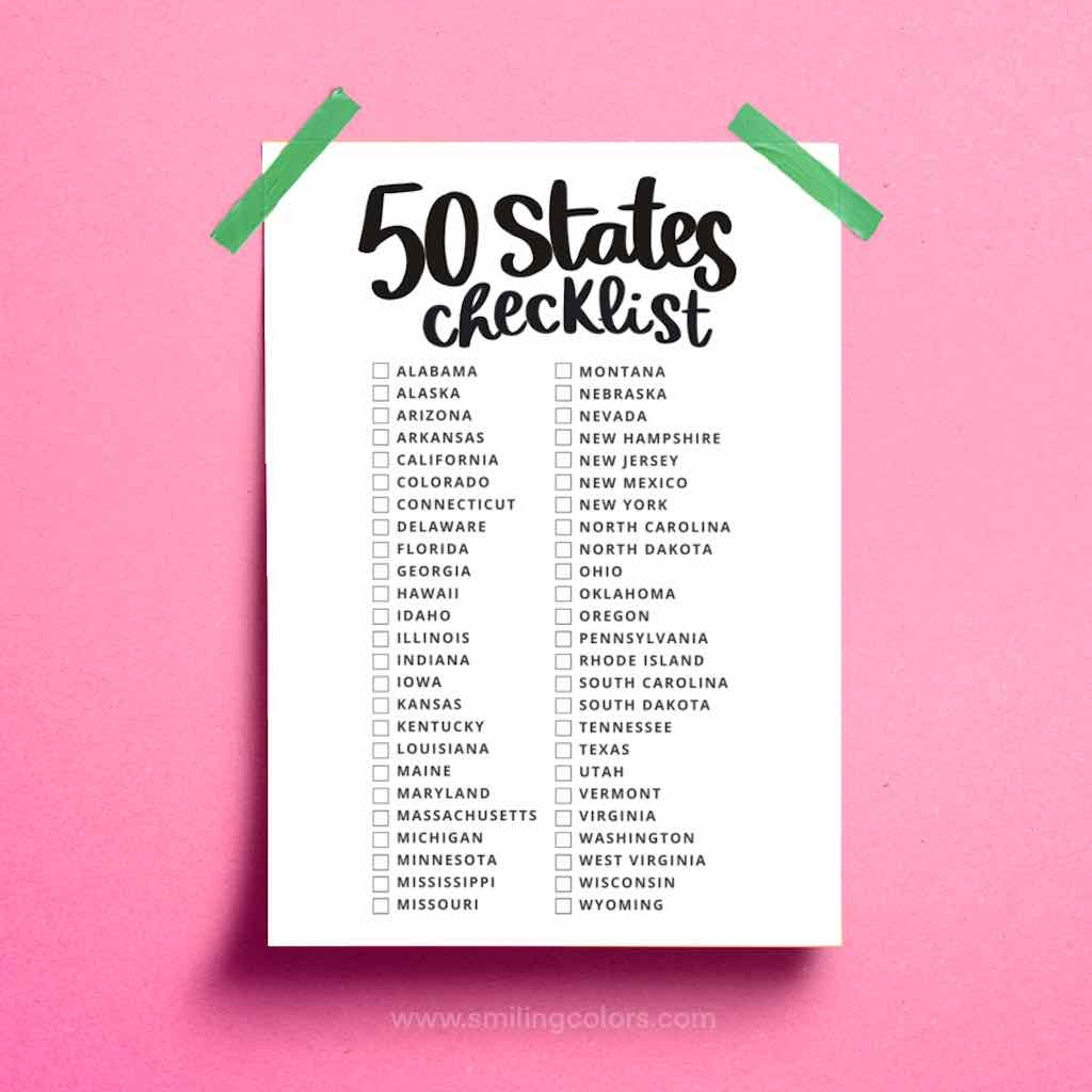 Printable 50 States Checklist Smiling Colors