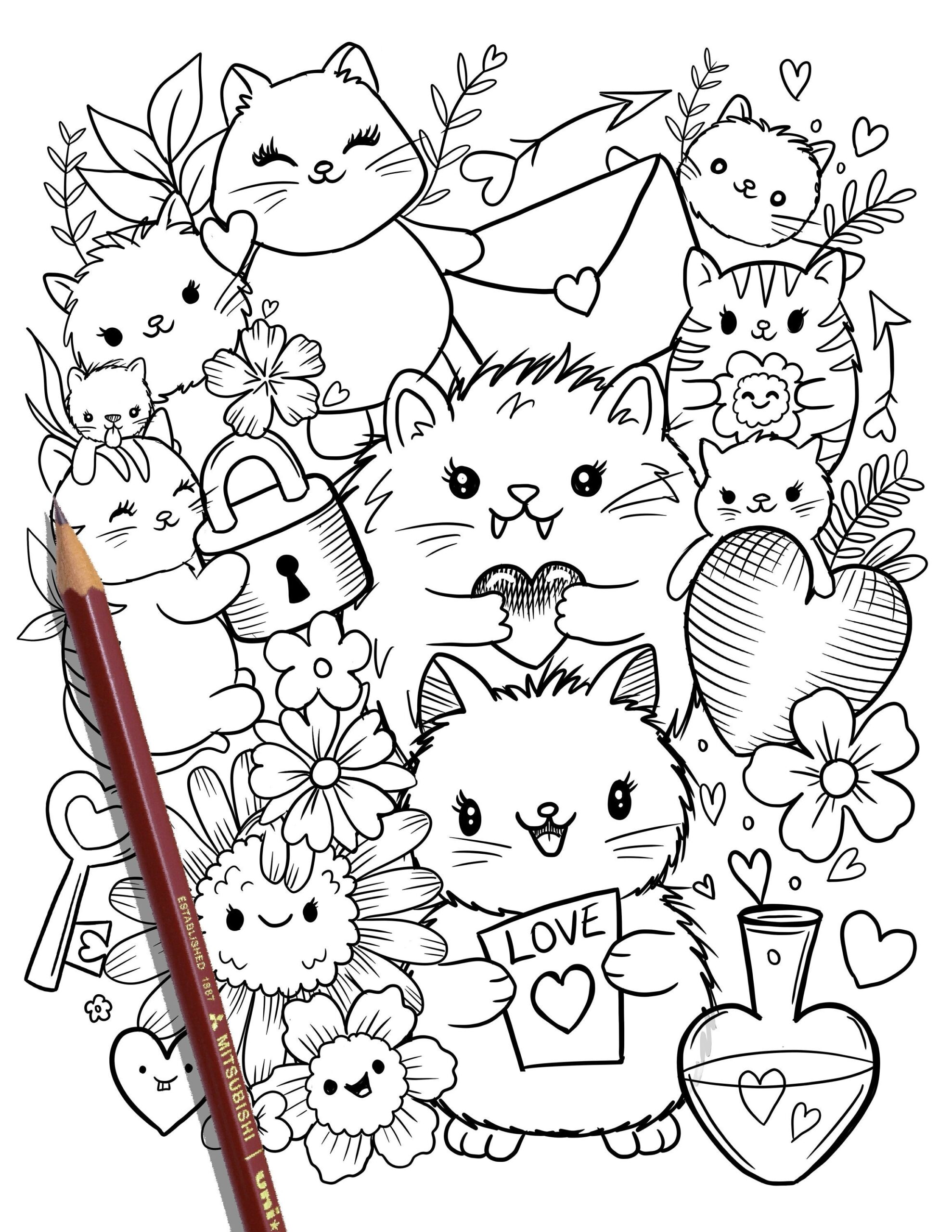 PRINTABLE Cute Kitty Cats Coloring Page Hand drawn Coloring Sheet Cat Doodles Coloring Page Kids Coloring Page Adult Coloring Etsy UK