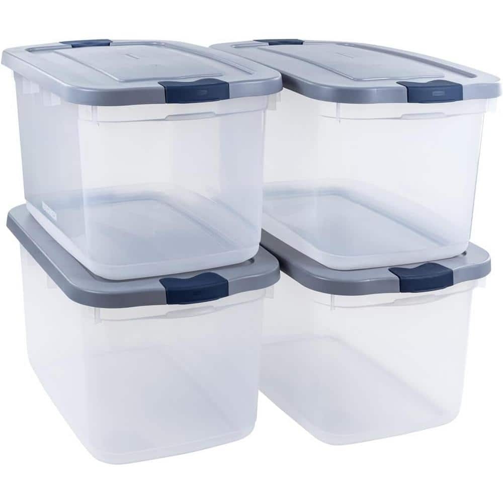 Rubbermaid Roughneck 66 Qt 16 5 Gal Stackable Storage Containers Clear W Latching Grey Lids 4 Pack RMRC066004 The Home Depot