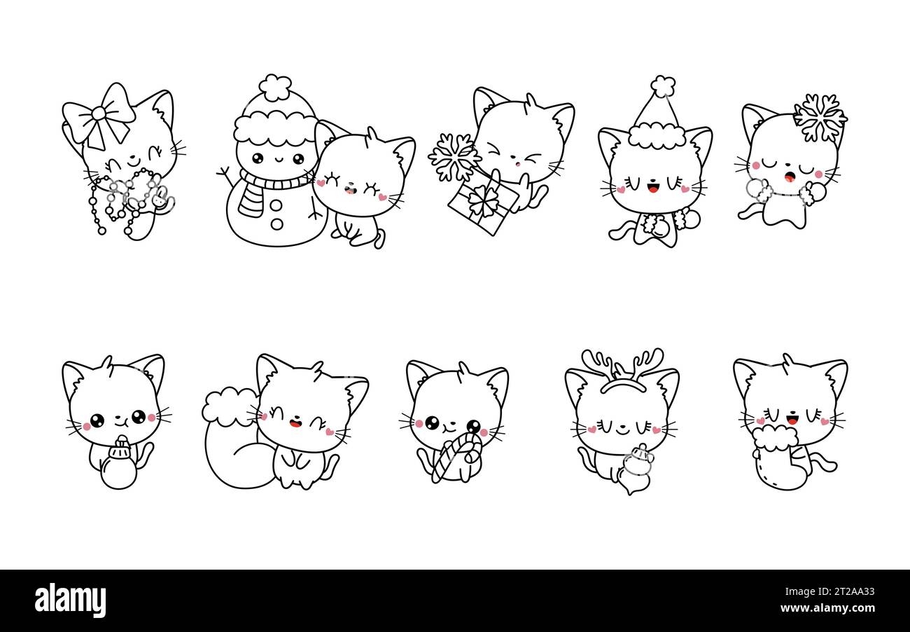 Set Of Vector Christmas Cat Coloring Page Collection Of Kawaii Isolated New Year Animal Outline Stock Vector Image Art Alamy