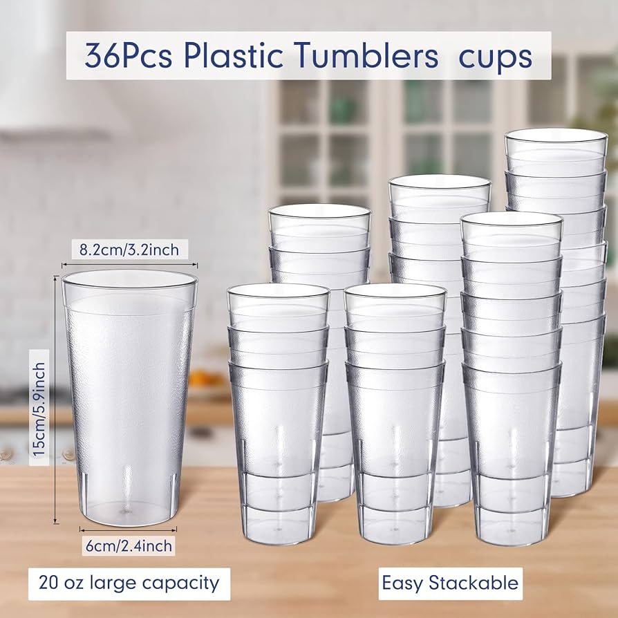 Sieral Set Of 36 Plastic Cups 20oz Stackable Water Cups Clear Reusable Unbreakable Restaurant Drinks Plastic Water Glasses For Kitchen Cafe Home Party Amazon de Home Kitchen
