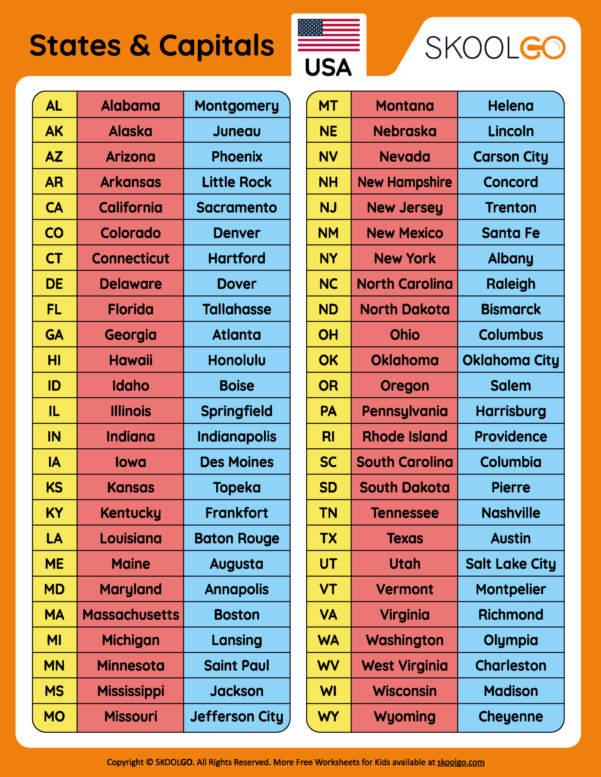 States And Capitals Free Worksheet For Kids SKOOLGO Worksheets Library