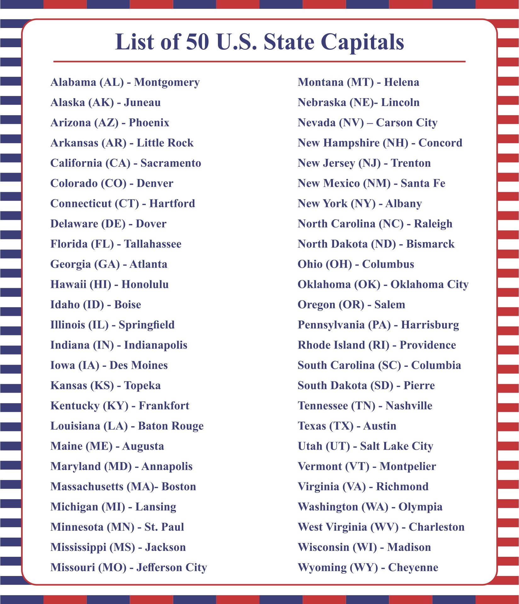 States And Capitals List TPT Worksheets Library