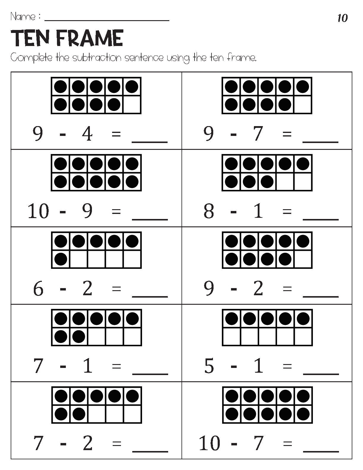 Subtraction Within 10 With Ten Frame Pictures Worksheets Etsy Subtraction Within 10 With Ten Frame Pictures Worksheets Etsy