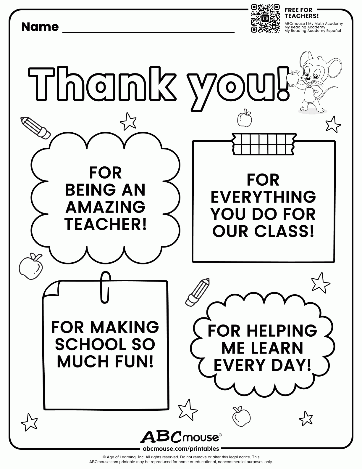 Teacher Appreciation Free Printable ABCmouse