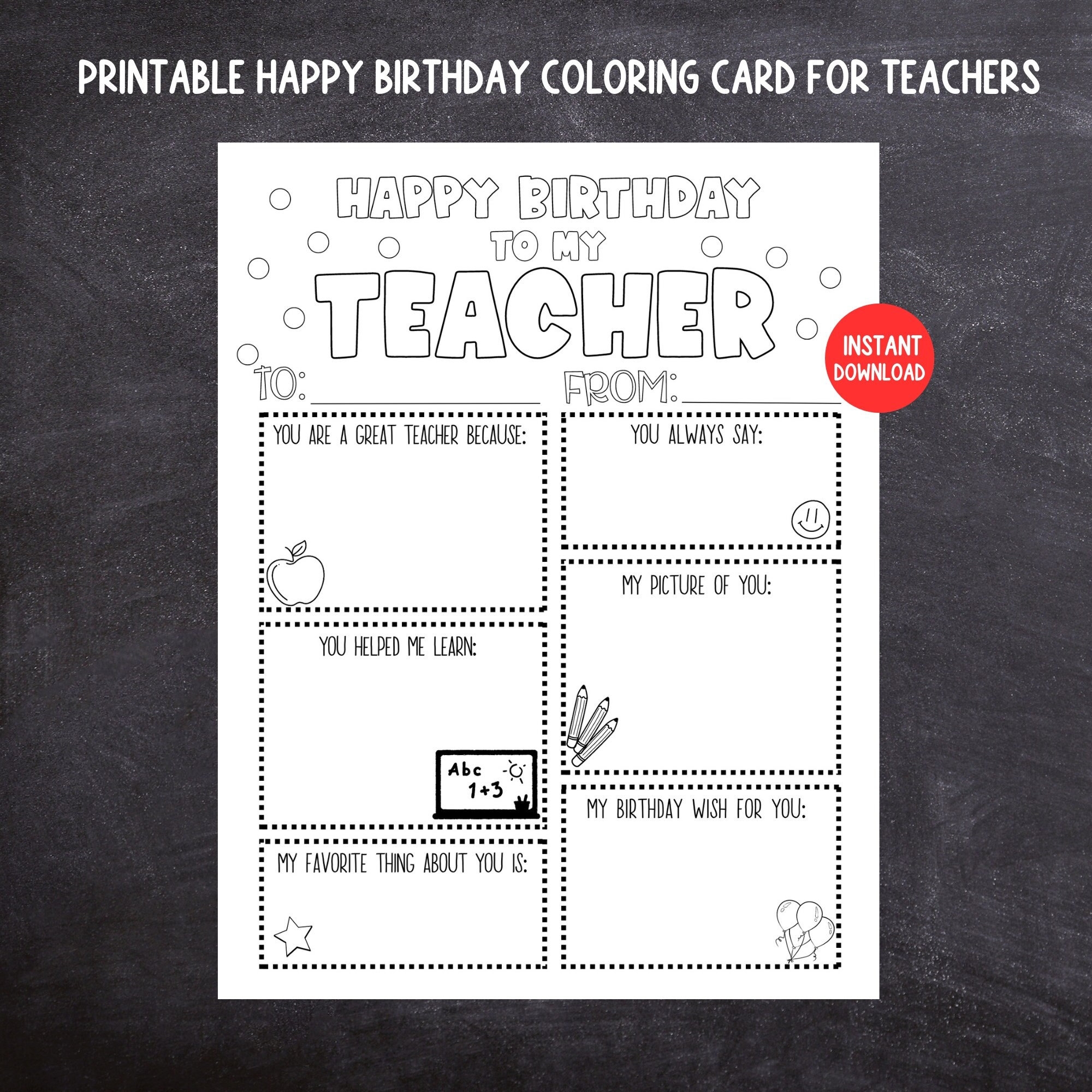 Teacher Birthday Coloring Card Printable Kids Birthday Card For Teacher Teacher Keepsake Kids Fill In The Blank Birthday Card For Teacher Etsy