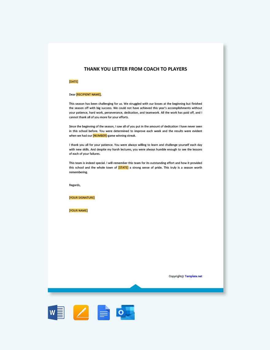 Thank You Letter From Coach To Players In Google Docs Pages Word Outlook PDF Download Template