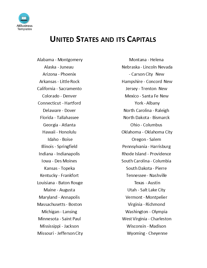 USA States And Capitals List Templates At Allbusinesstemplates