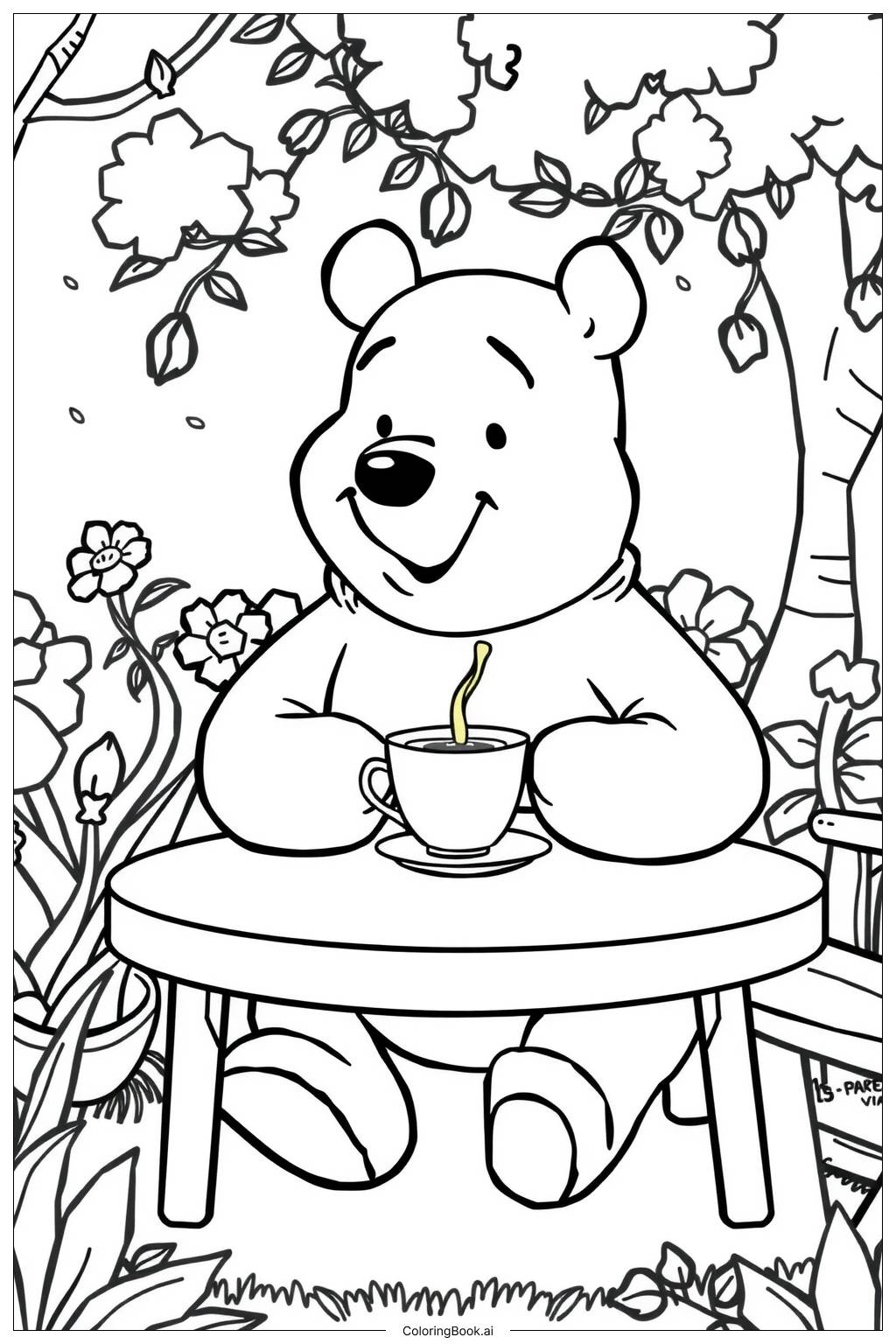 Winnie The Pooh Garden Party Coloring Page Free PDF PNG Printable 