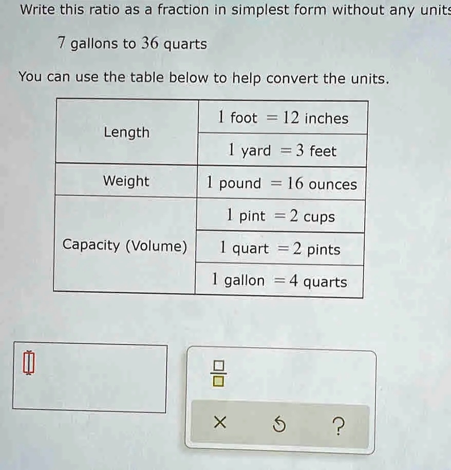 Write This Ratio As A Fraction In Simplest Form Without Any Units 7 Gallons To 36