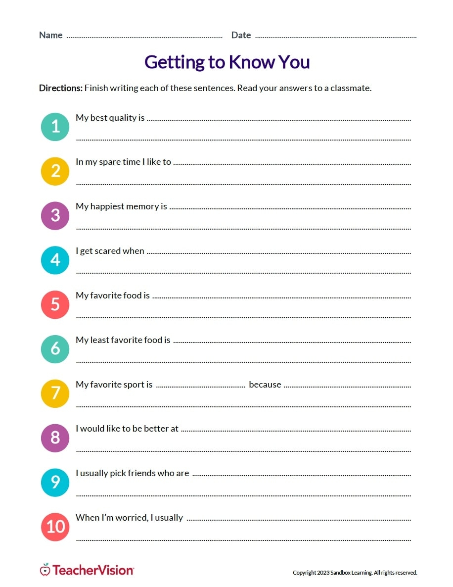 All About Me Questions For Students Icebreaker TeacherVision