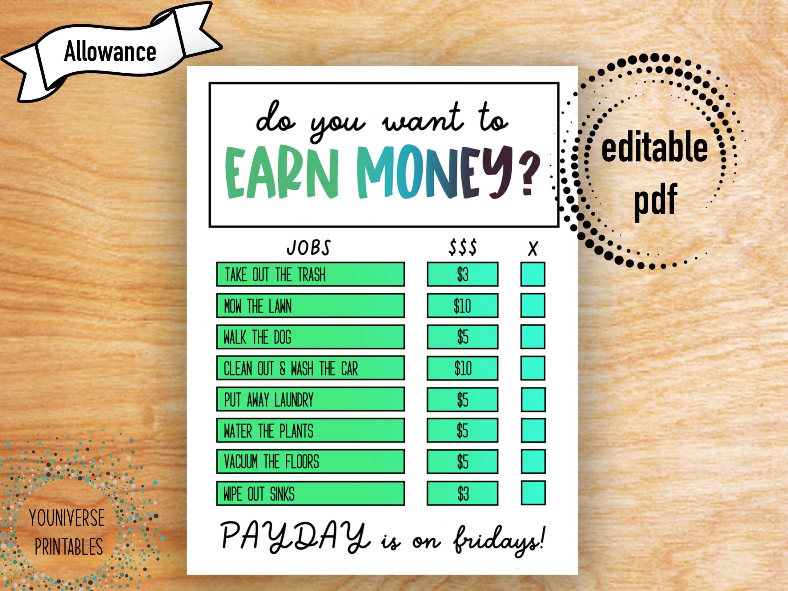 free printable money chore chart allowance