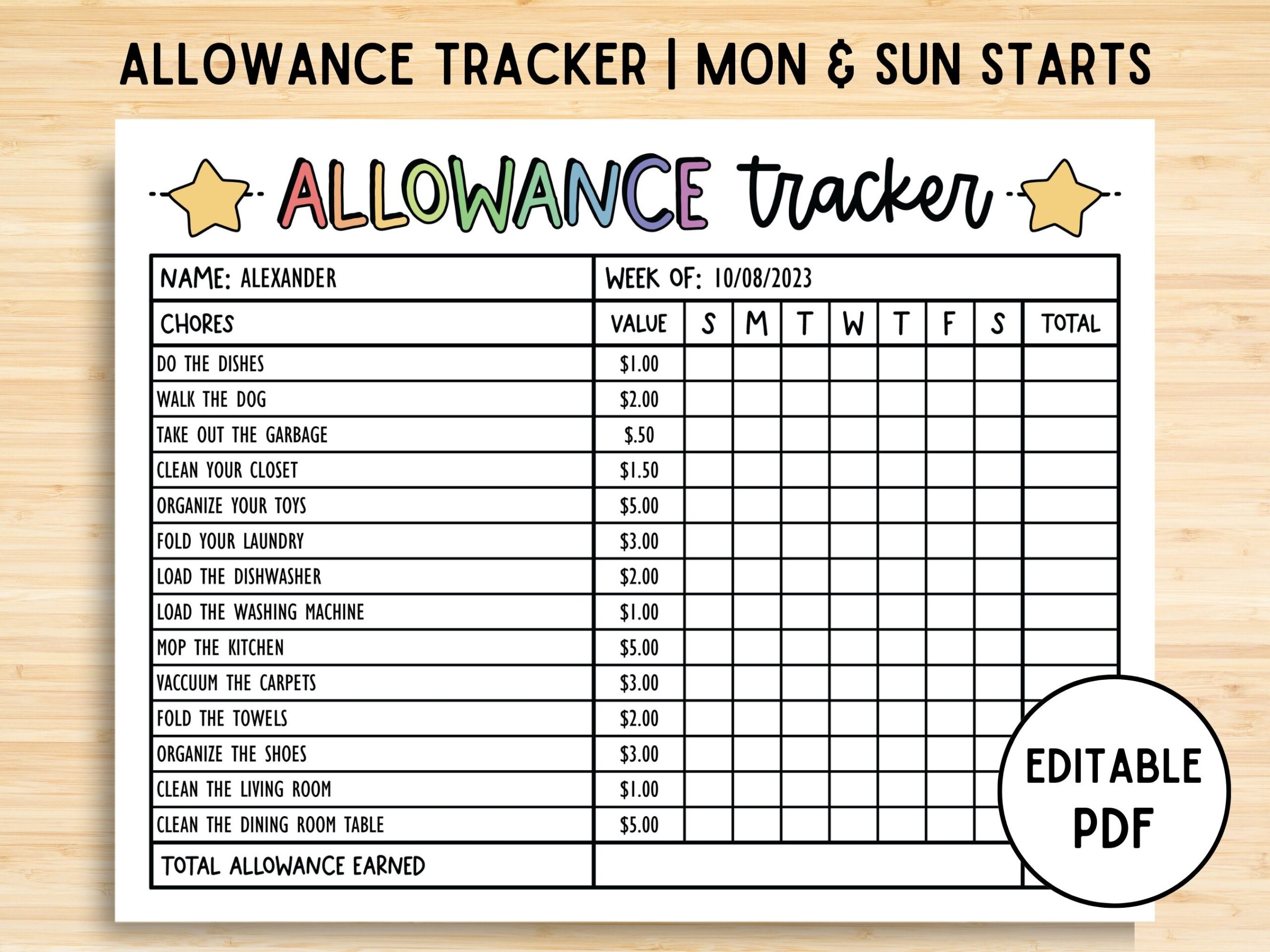 Allowance Tracker Weekly Allowance Chore Chart Editable Allowance Chart For Kids Earn Money Chart Money Reward Chart Printable PDF Etsy Finland