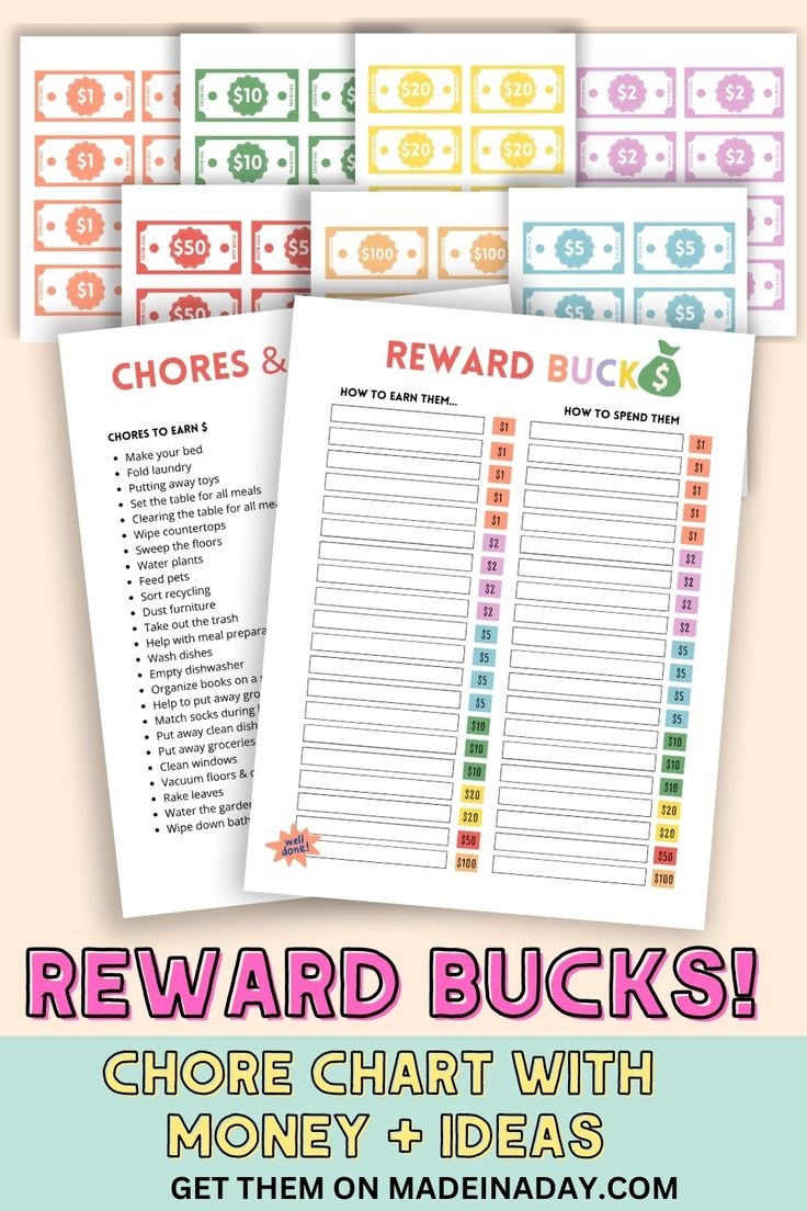 Chore Chart With Money Rewards Bucks 