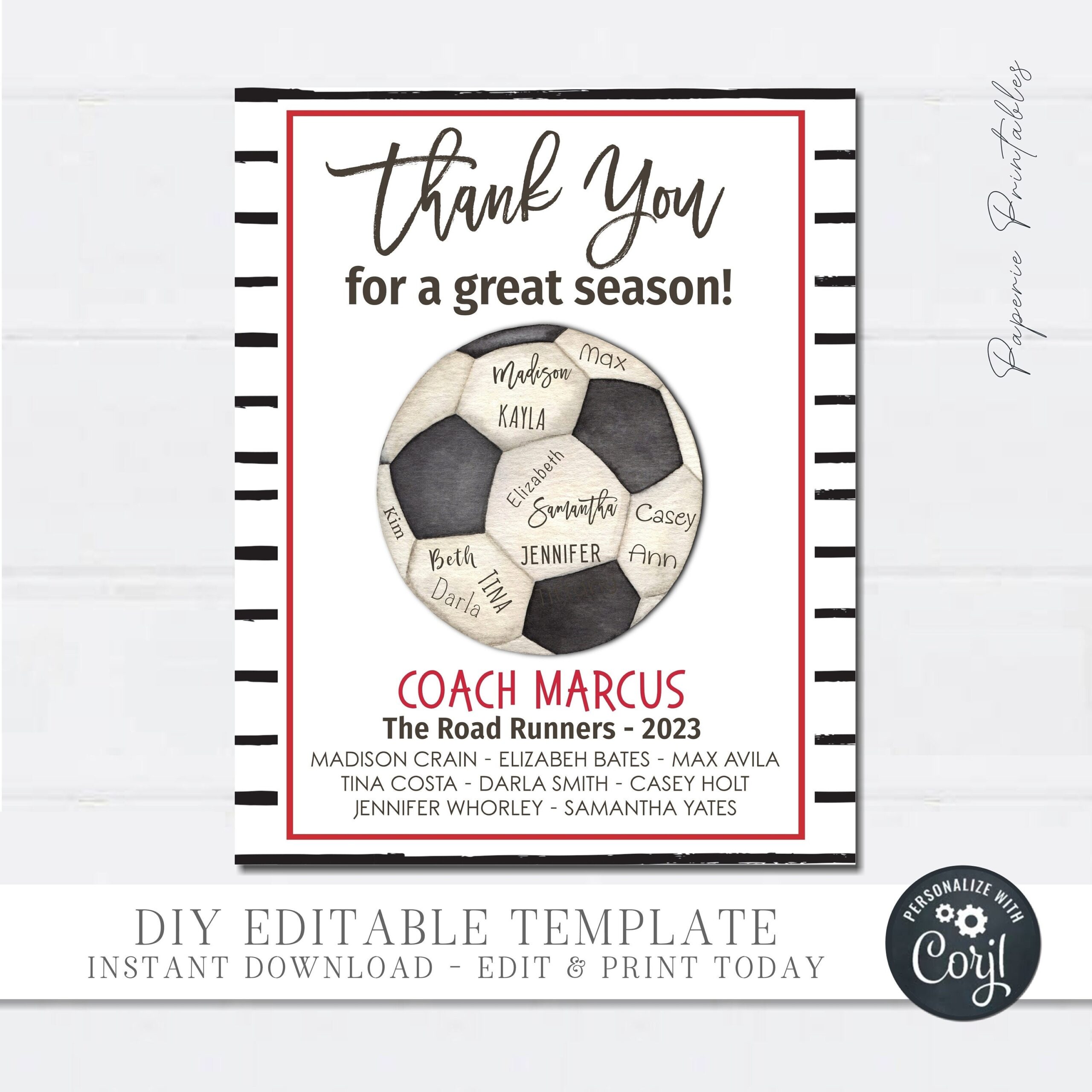 Editable Soccer Coach Gift Printable Team Appreciation DIY Corjl Etsy