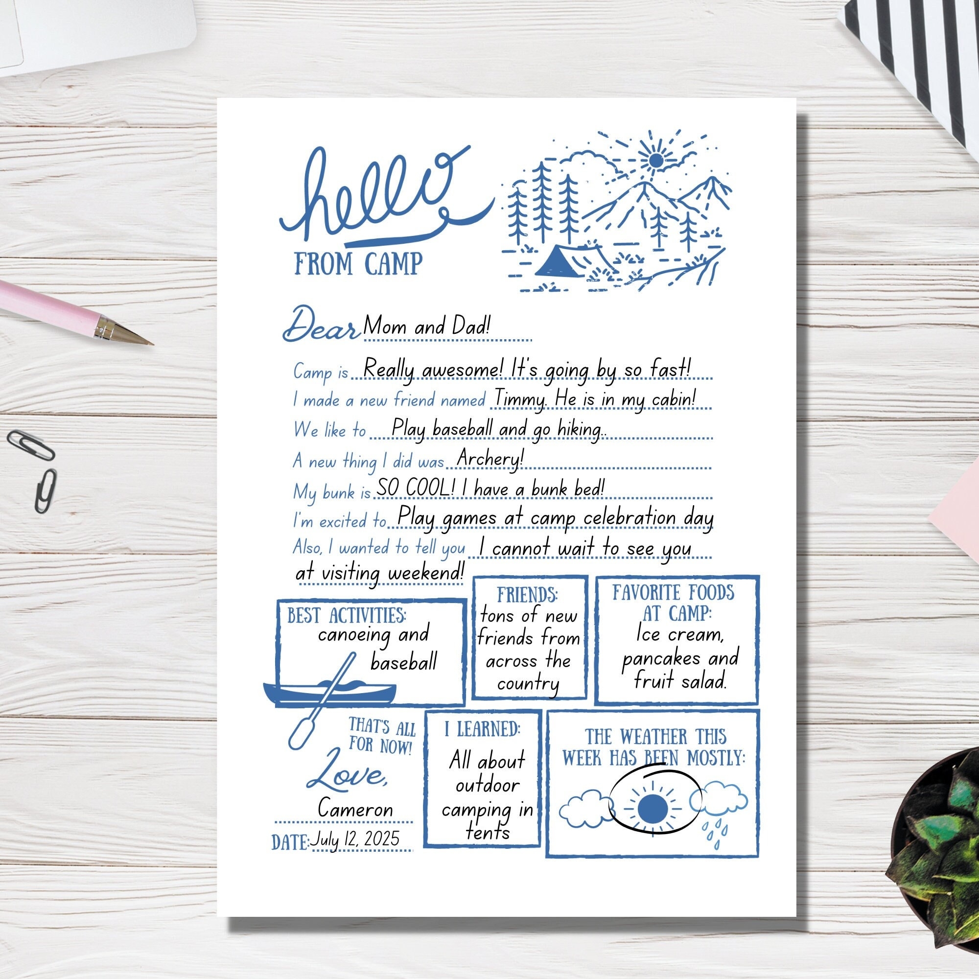 Fill In The Blank Camp Letter Kids Stationery PDF Etsy