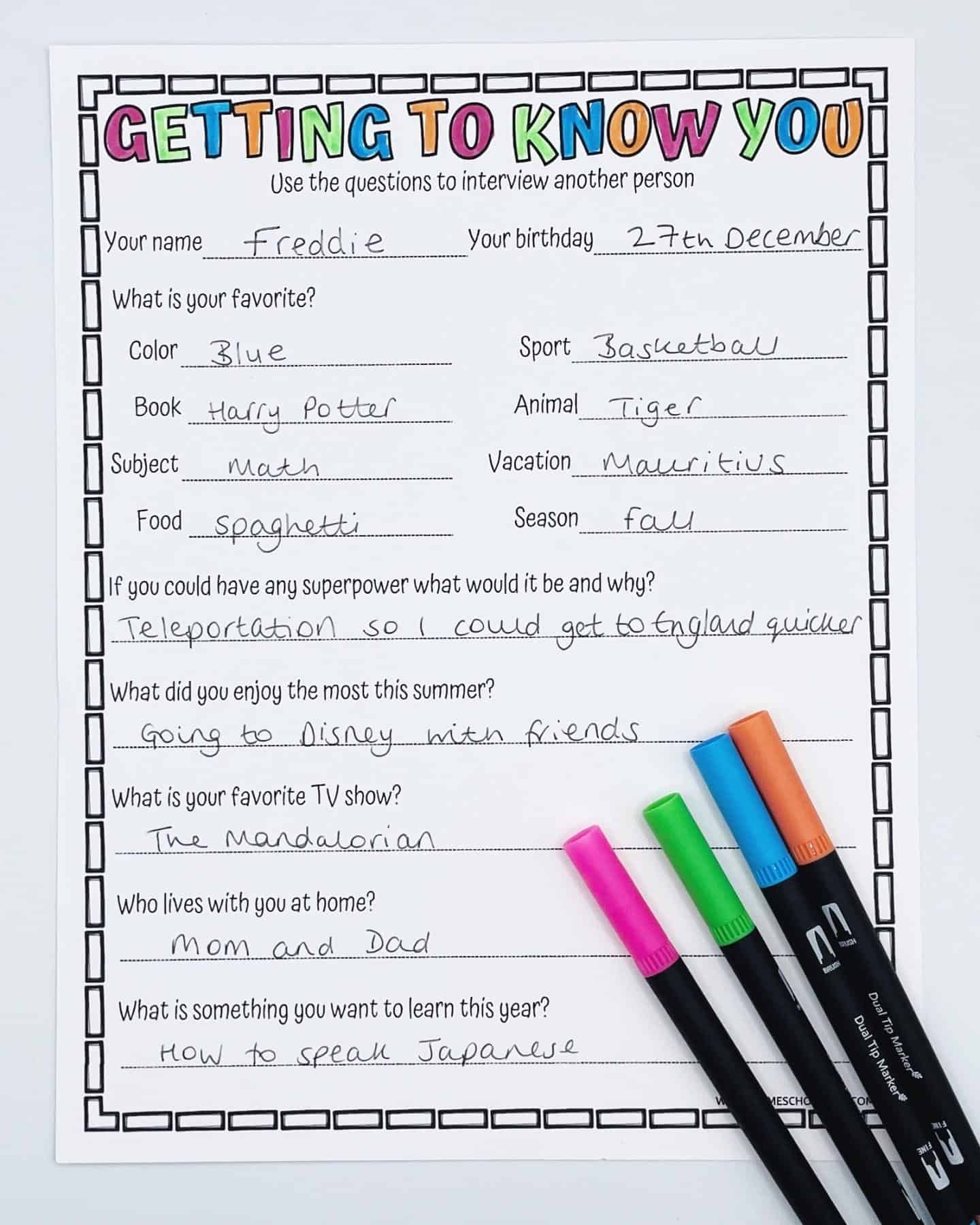 getting to know you questions for students worksheet