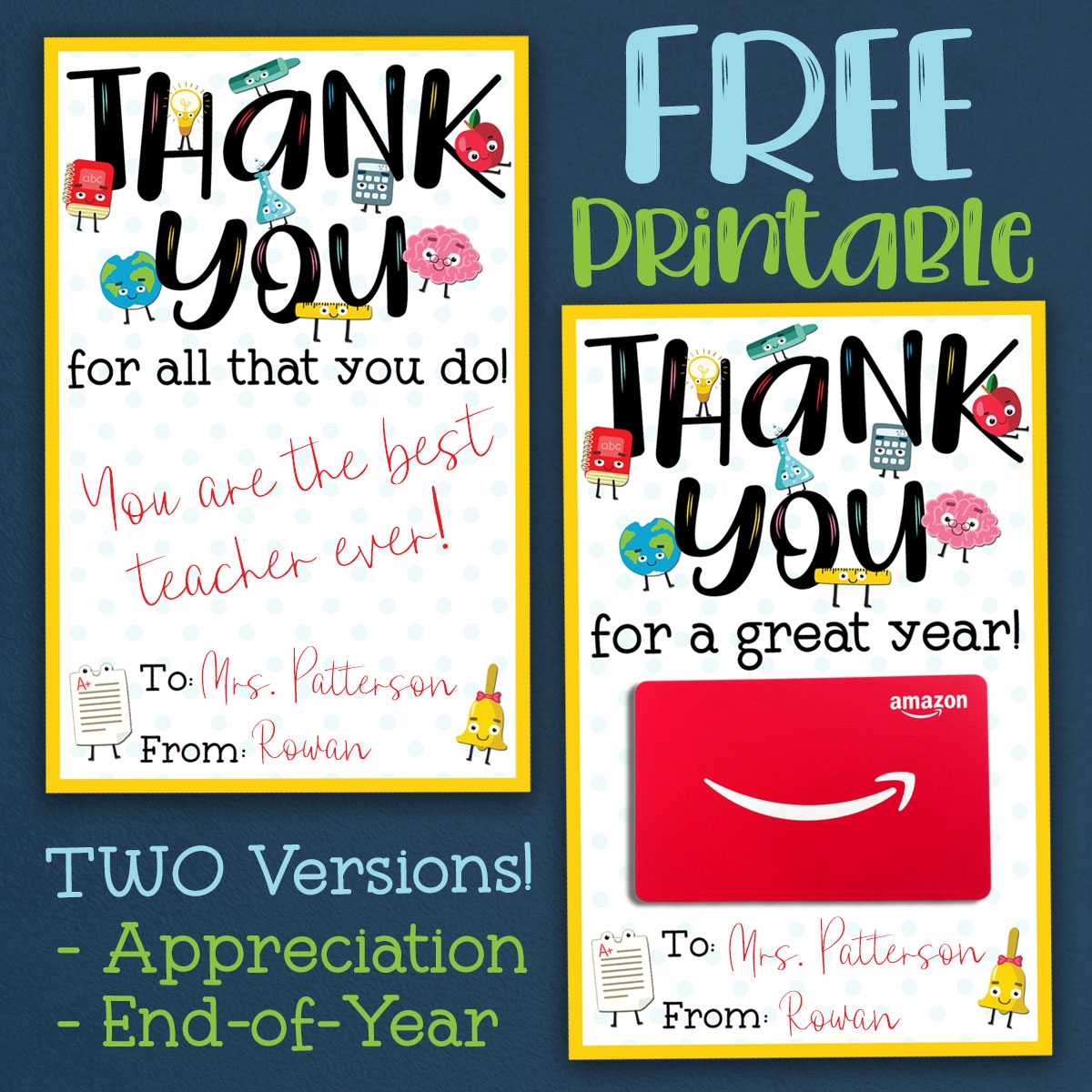 FREE Teacher Appreciation Thank You Printable Two Versions 