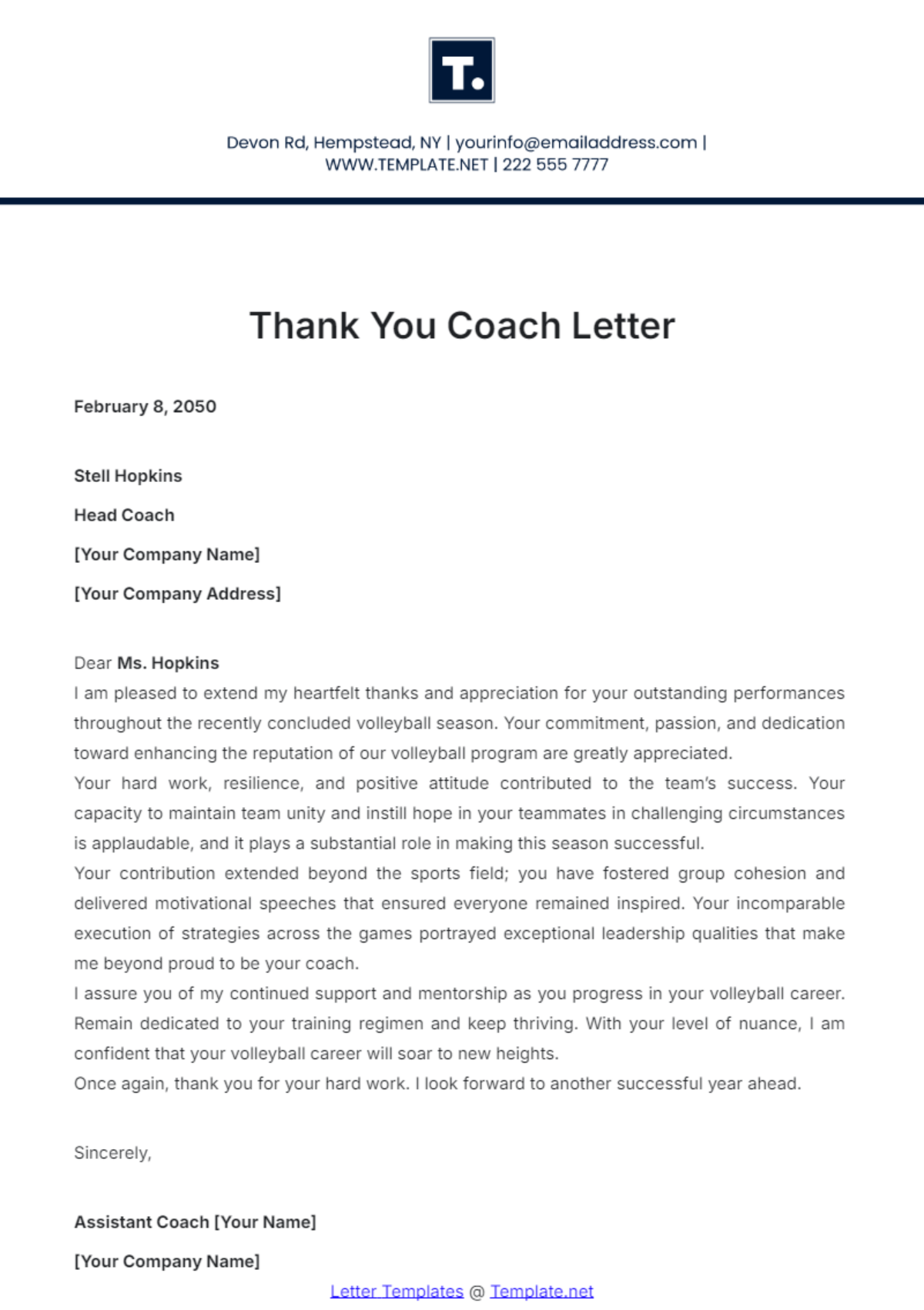 Free Thank You Coach Letter Template To Edit Online