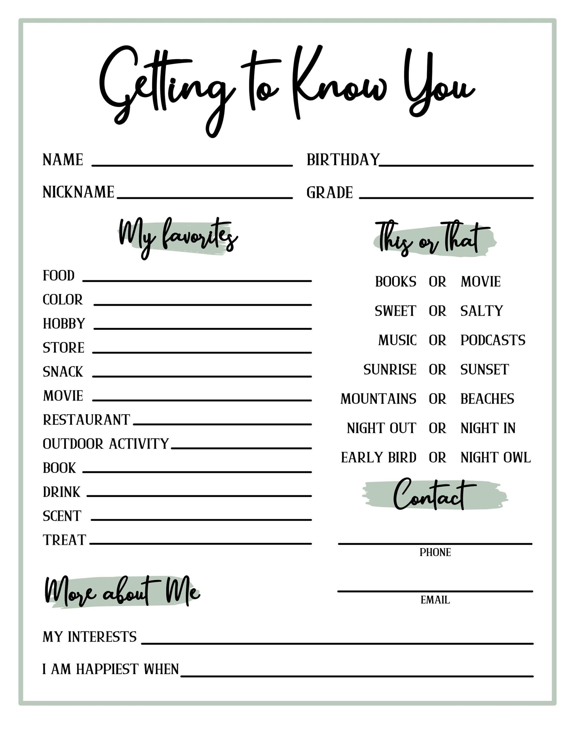 Get To Know You Getting To Know You Page Get To Know You Printable All About Me Etsy Canada