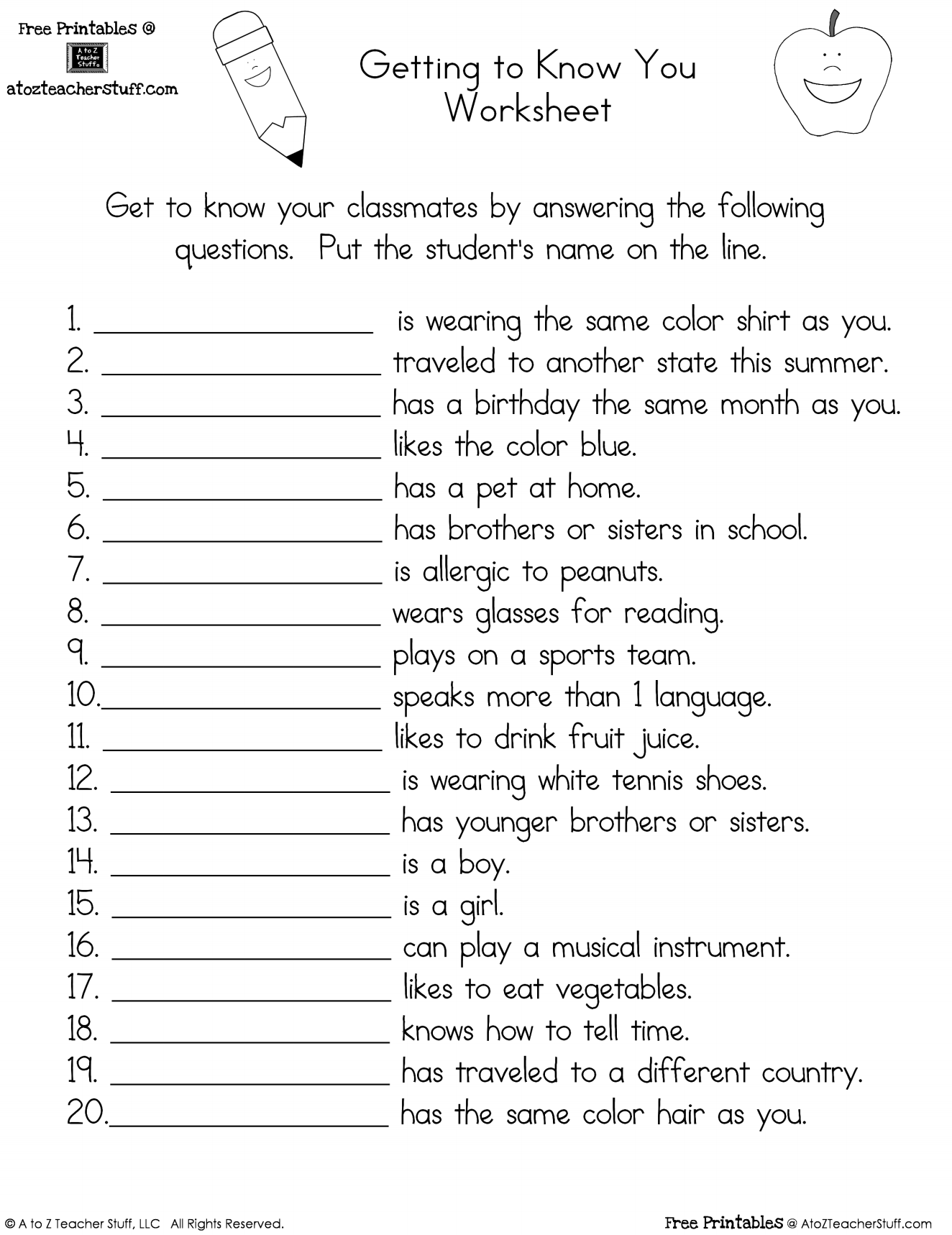 Getting To Know You Worksheet A To Z Teacher Stuff