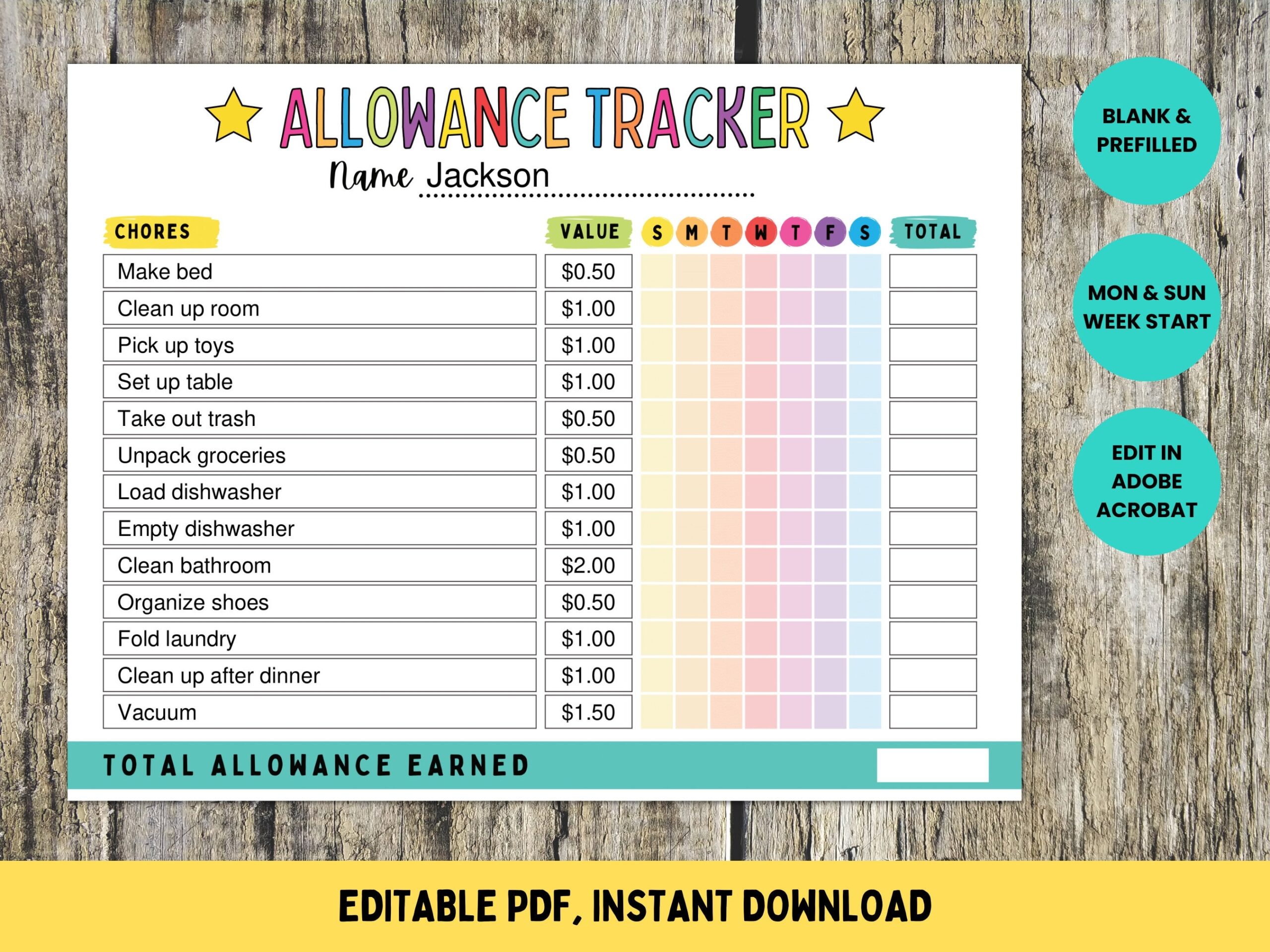 Kids Allowance Chore Chart Editable Reward Tracker printable PDF Etsy
