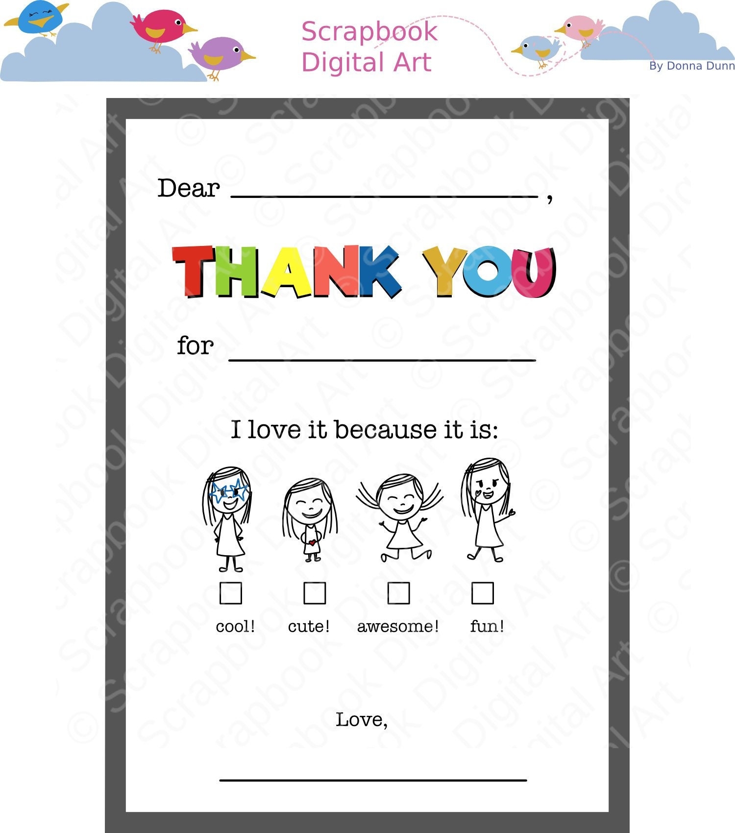 Kids Fill in Thank You Card Printable Flat Card PDF Etsy