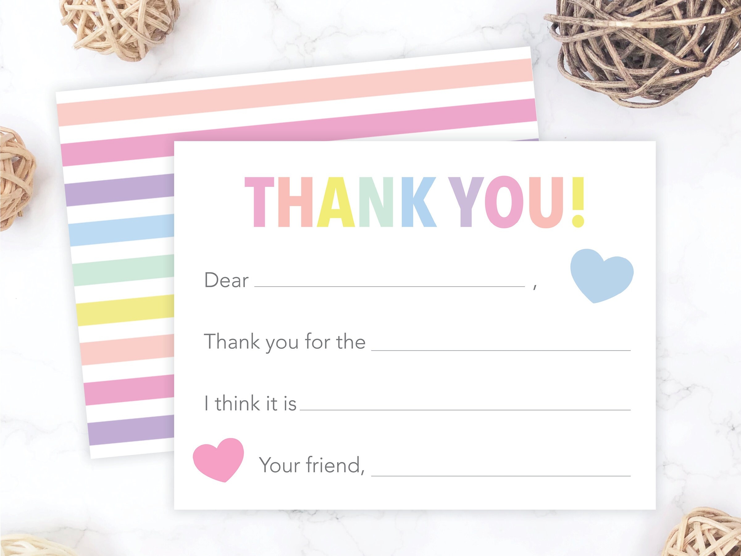 Kids Fill In The Blank Thank You Cards Kids Thank You Notes Girls Fill In The Blank Cards Pastel Rainbow Stripes Note Cards 175 Etsy