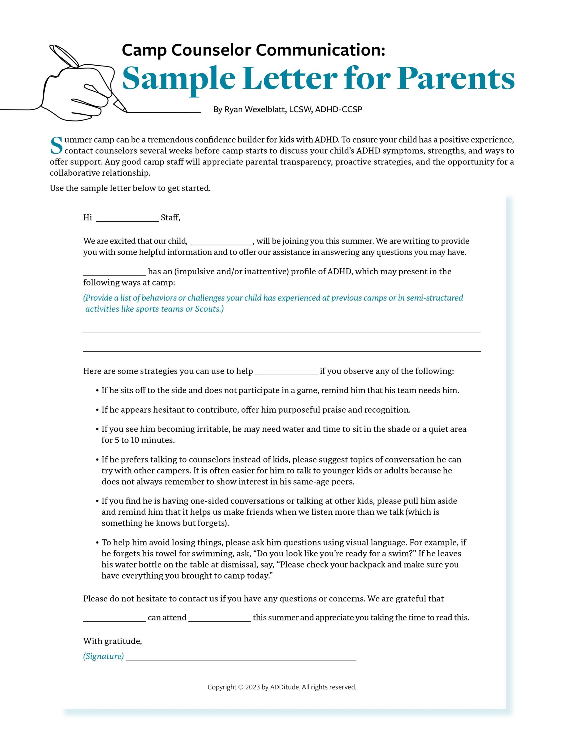 Letter For Parents To Share With Summer Camp Staff