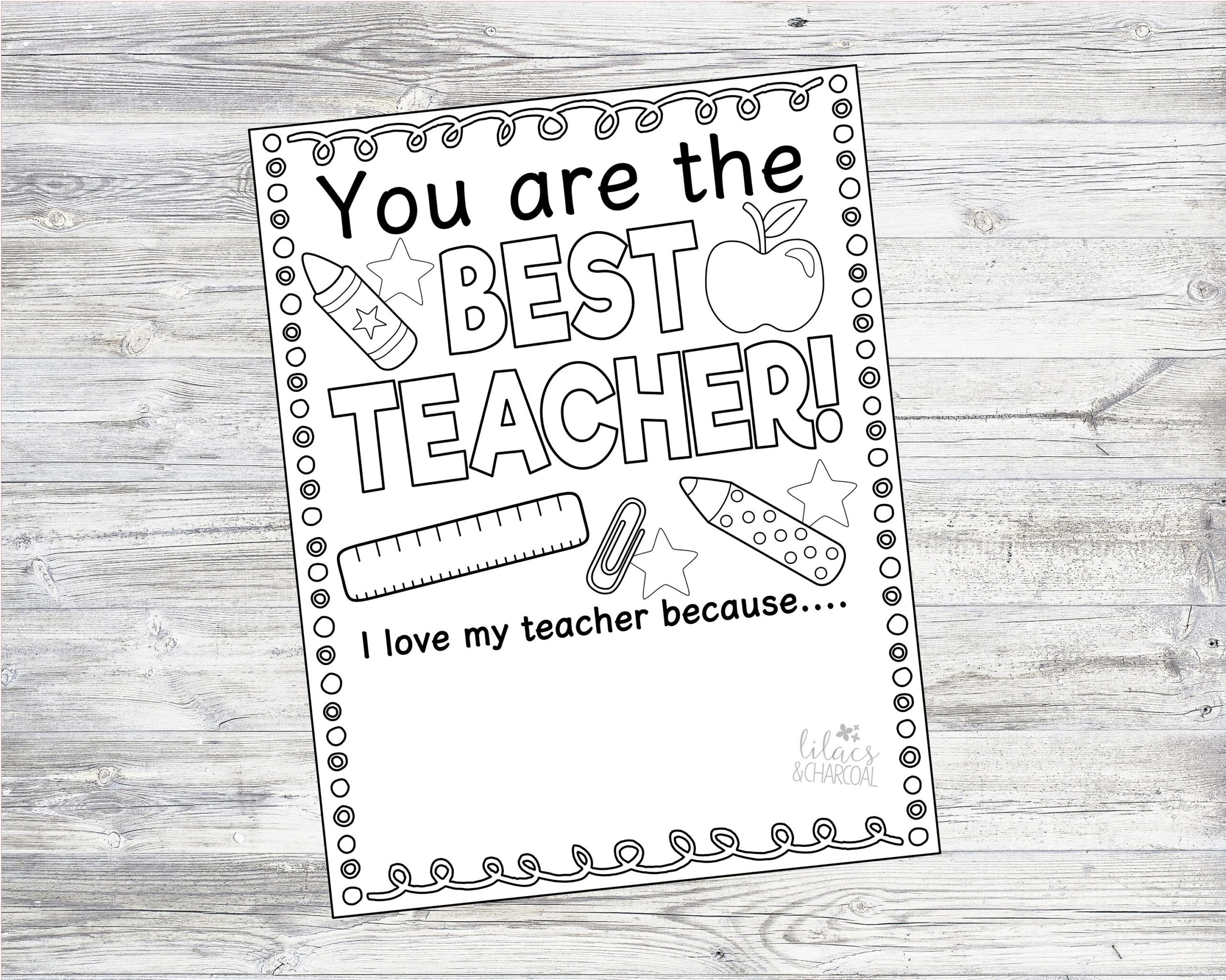 Printable Teacher Appreciation Coloring Page Instant Digital Download Files Best Teacher Note Etsy